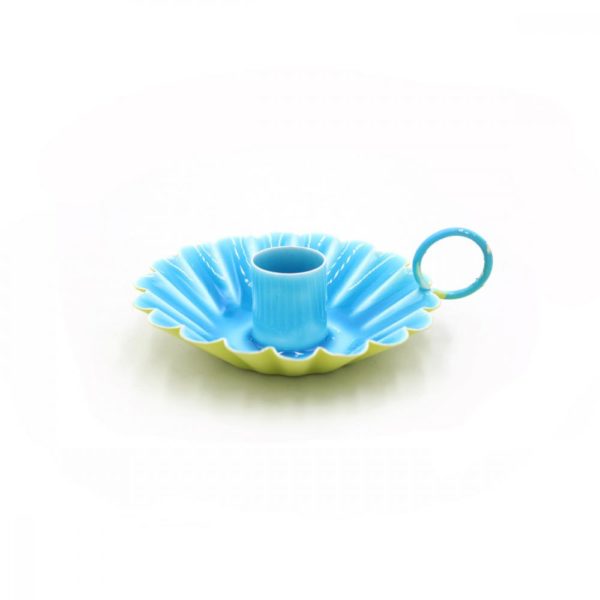 Bougeoir bleu et jaune fleur en métal