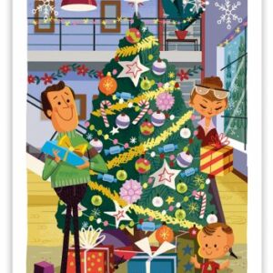 Carte postale Noël en famille - dessin vintage