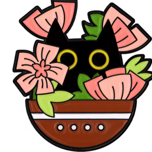 Pin's chat noir dans les fleurs roses