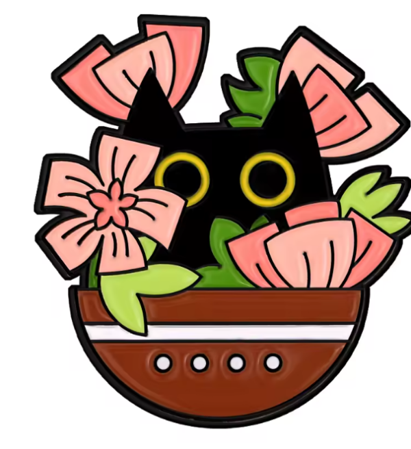 Pin's chat noir dans les fleurs roses